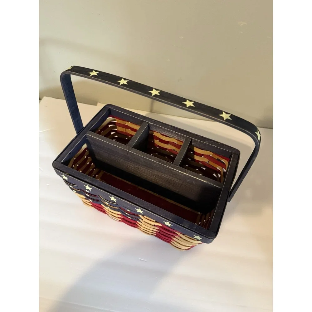 Country Cottage Woven Wood Utensil Basket Patriotic American Flag Stars Stripes